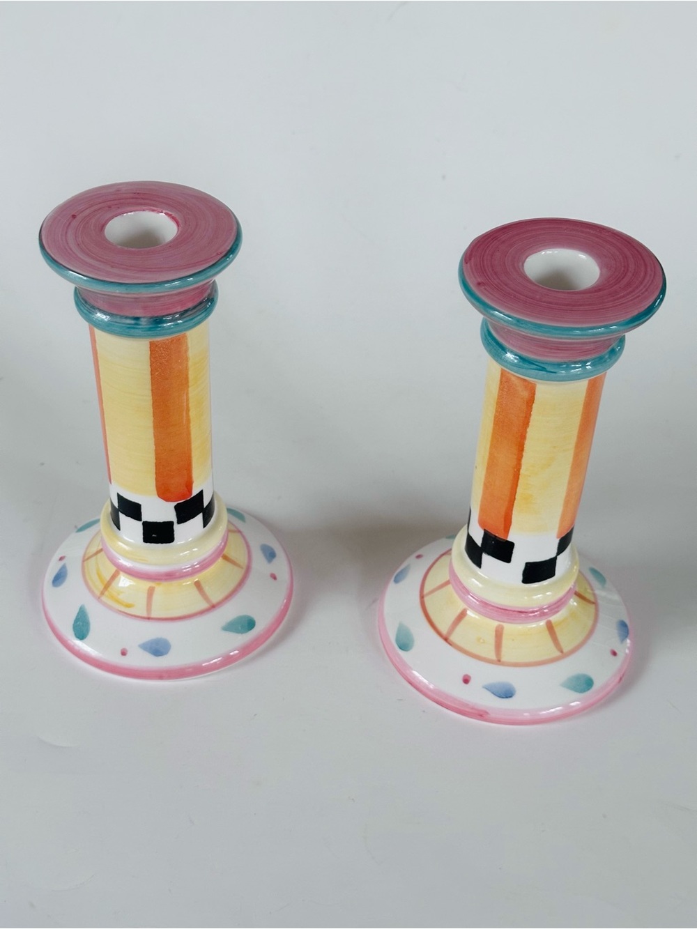 Hand-Painted Ceramic Candlestick Pair Pink Yellow Checkered Shabby Chic Cottage